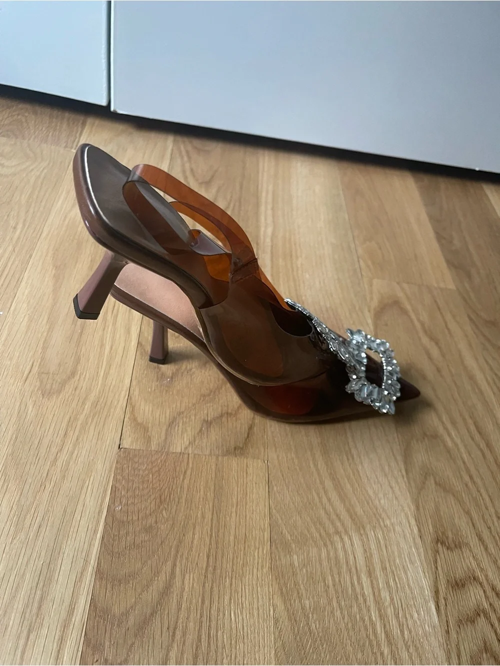 Brown Pointed-Toe Mid Heels with Crystal Buckle